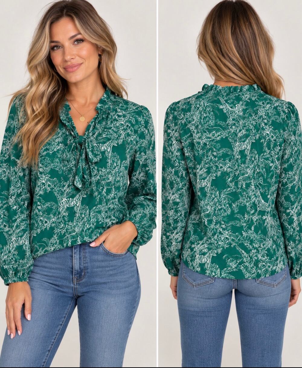 Lilly Pulitzer XL Green Safari Toile Animal Print Neck Blouse NWT Cottagecore